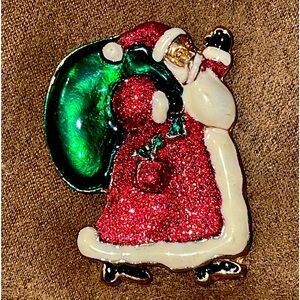 Unique Artisan SANTA Pin Brooch, Heavy, with Thick Red Glitter and Enamel